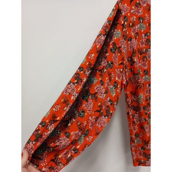 Jason Wu Top Womens Size 1X Orange Lace Trim Floral BOHO Cottage Long Sleeve - Picture 7 of 11